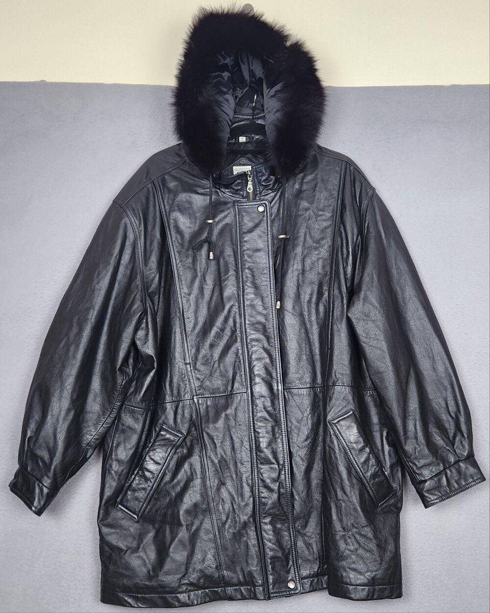 Field Gear Leather Coat Womens 2X Black Fox Fur Hooded Parka Insulated Warm